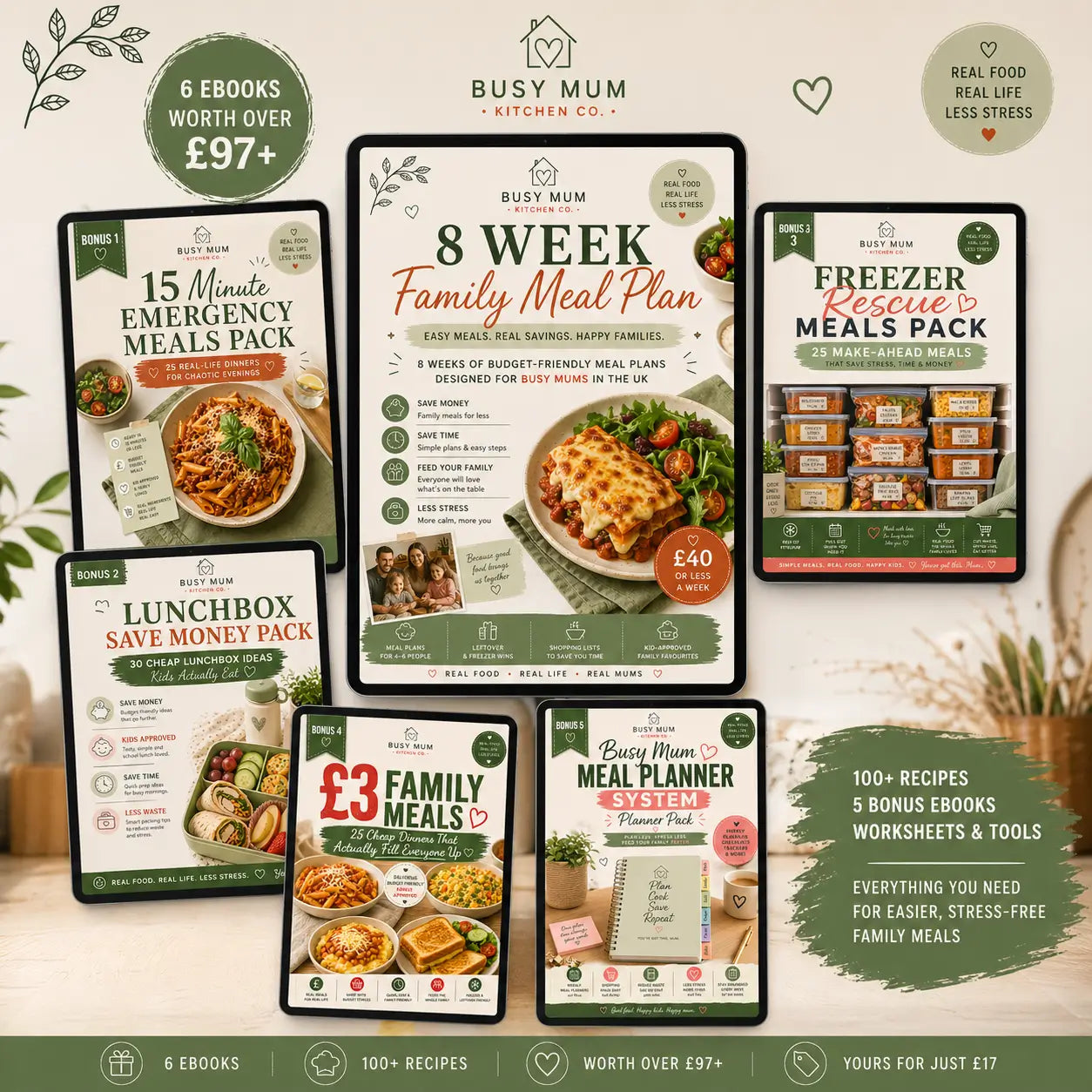 8 Week Family Meal Plan System + 5 FREE Bonus Packs